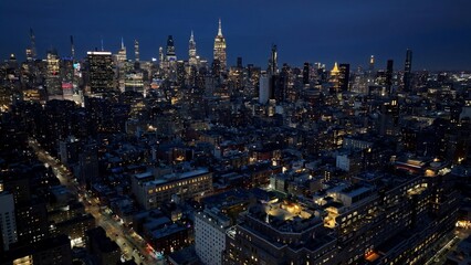 Obraz premium Night New York Skyline In Manhattan New York United States. Amazing Skysrapers And Traffic On Street Viewed From Above. Building Industry Landscape Commercial Building Vibrant.