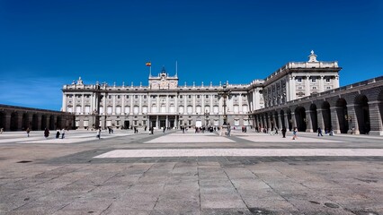 Obraz premium Royal Palace In Madrid Spain. Birds Eye View Of Medieval Building In Famous District Of City. Town Sky Backgrounds Urban. Outside Backgrounds Up Above. Madrid Spain.
