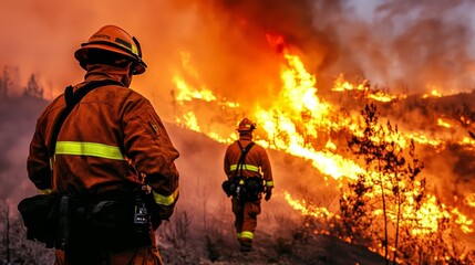 Naklejka premium Firefighters Battle Intense Flames as a Massive Blaze Consumes Forested Landscape and Wildlife