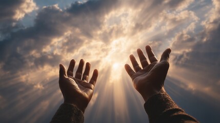 Open hands lifted toward sky with golden sunlight shining through dramatic clouds symbolizing faith, prayer, worship, gratitude, and divine inspiration 