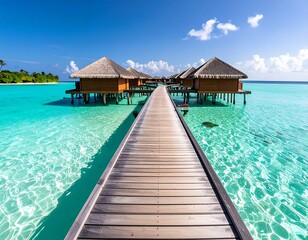 Tropical overwater bungalows on a pristine beach