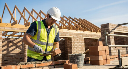 Fototapeta premium Construction worker expertly lays bricks, constructing structure, working hard under clear sky. Construction worker precisely applies mortar,