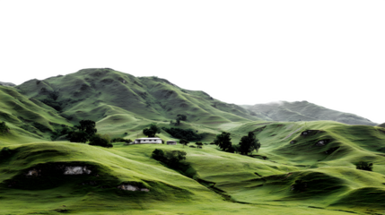 Green hilly landscape with rolling slopes, isolated on white