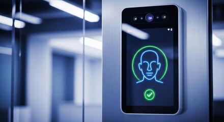 Face recognition technology on display for security, shows digital id verification in office. Face recognition scans face for secure access and provides data protection.