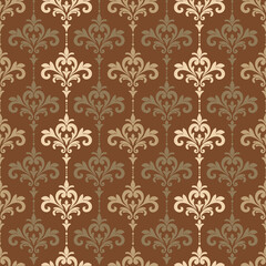 Regal vertical damask seamless pattern in warm brown and gold, with a classic symmetrical layout. Great for vintage wallpapers, interior design, and cultural fabric prints.