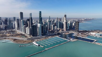 Chicago Skyline In Chicago Illinois United States. Aerial View Of A Bustling City With High-Rise Buildings And Traffic. Metropolitan Skyline Panoramic City View Stunning.