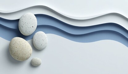 Abstract, serene scene of smooth, light-colored stones nestled on a backdrop of white and pale blue, wavy layers
