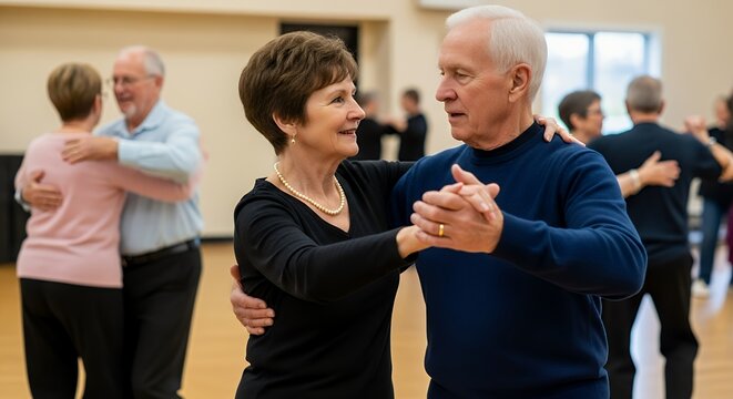 a candid and joyful shot of a senior couple happily ballroom dancing in a community class.