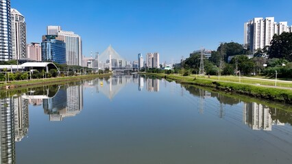 Fototapeta premium Cable Bridge In Downtown Sao Paulo Brazil. Elevated Road Bridge Symbol Of The City Viewed From Above. Business Sky Downtown Cityscape. Business Backgrounds Panorama. Downtown Sao Paulo.