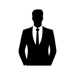 Businessman Silhouette templates in solid style. Black figure of a man in a suit with hands in pockets. Confident, professional, labels. Isolated on white background. 