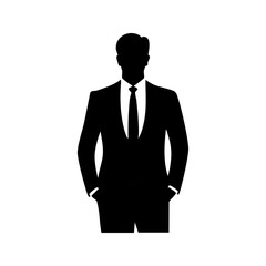 Businessman Silhouette templates in solid style. Black figure of a man in a suit with hands in pockets. Confident, professional, labels. Isolated on white background. 