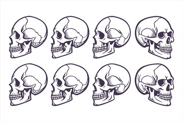 Collection of hand-drawn angry skull illustrations. Black and white scary human head symbol for Halloween or gothic design.