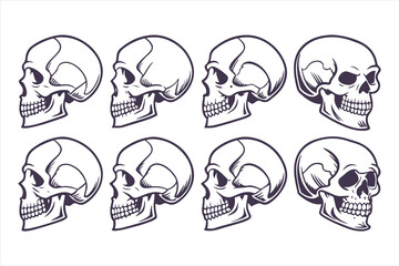Collection of hand-drawn angry skull illustrations. Black and white scary human head symbol for Halloween or gothic design.