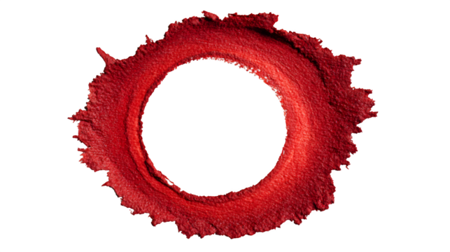 Grungy red circular paint ring with rough edges, isolated on white