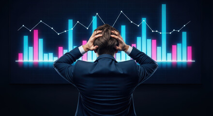Frustrated stock trader views downward trending stock chart, his hands over his head. Downtrending stock market reflects financial loss and investment decline, showing a man in despair.