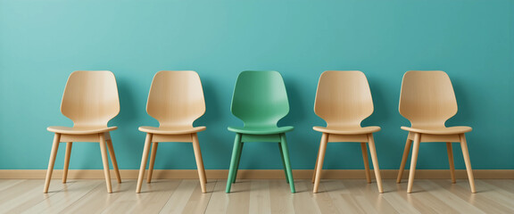 Green chair standing out from four wooden chairs, symbolizing the best job candidate, a concept for talent selection, recruitment and hiring process