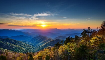 Fototapeta premium breathtaking sunset over mountain ranges smoky mountains nature scene tranquil environment aerial view scenic beauty