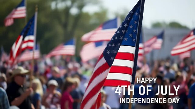Dynamic American flags waving proudly in a crowd celebrating Independence Day, perfect for patriotic events and summer holiday promotions
