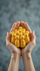 Cupped hands holding crowd of yellow human figures, perfect for concepts of community, teamwork, protection & social support.