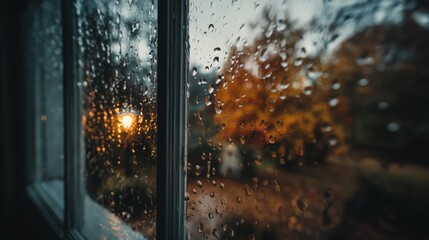 Raindrops on window glass with blurred autumn trees and warm evening light creating cozy moody seasonal atmosphere