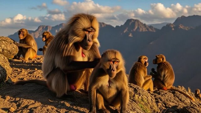 Gelada Baboons Grooming on Mountaintop at Sunset
