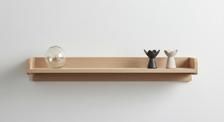 Houten wandplank elegant geplaatst zacht licht toont kleine decoratieve objecten. AI Generated