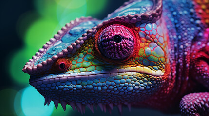 A vibrant and colorful chameleon with intricate skin patterns, showcasing the beauty of nature and wildlife in a closeup macro shot, highlighting the unique adaptation and evolution of this exotic rep