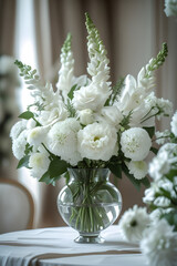 Lush White Flower Arrangement in a Clear Glass Vase for a Wedding or Special Event