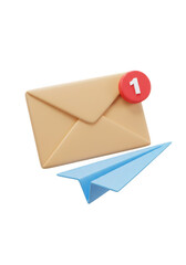 3d illustration of a tan envelope with a notification badge and a blue paper airplane isolated on transparent background