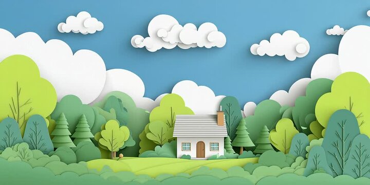 Charming little house in stylized paper cut forest with vibrant trees and fluffy clouds
