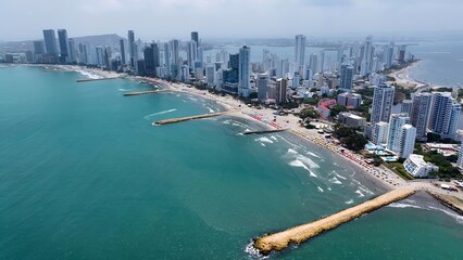 Cartagena Skyline In Cartagena De Indias Bolivar Colombia. Modern City Center With Skyscrapers Reflecting The Urban Life. Deserted Skyline Heaven Amazing. Heaven Waterfront Shore. © bydronevideos