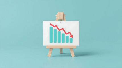 A 3D wooden easel holds a white rectangular board with a turquoise descending bar chart and red zigzag downward arrow, set against a smooth blue background.