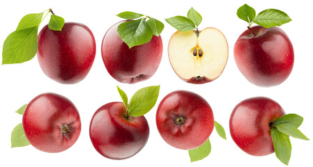 Bright red apples rich collection, whole and cut on half, with green leaves, tails, seeds, different sides, studio shot, isolated on white background. Summer fresh ripe fruits as design elements.