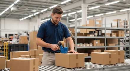 Fulfillment service employee seals cardboard boxes on conveyor belt, preparing packages for distribution. Fulfillment service worker uses tape gun and boxes to ensure smooth logistics.