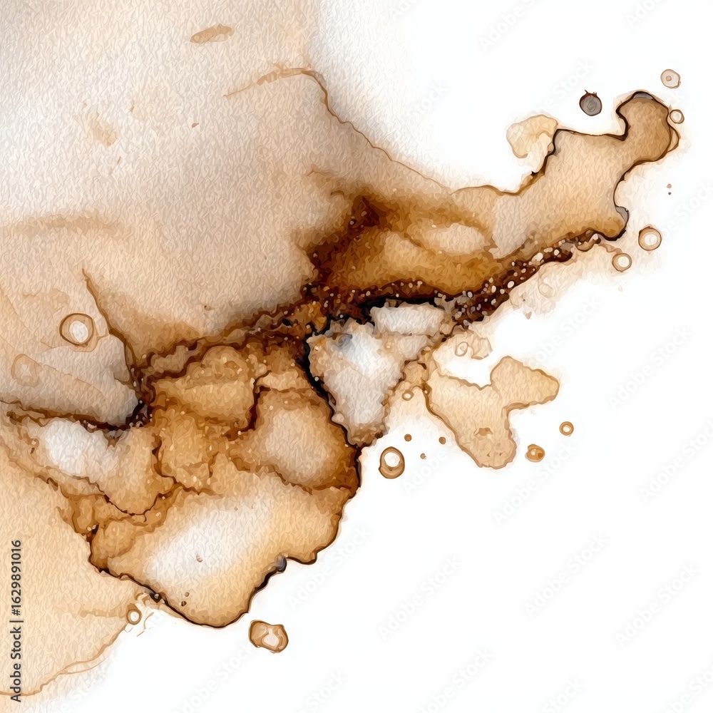 Poster artistic coffee stain on a white surface creating an abstract wet grunge background with texture