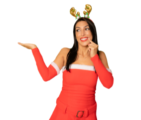 Smiling woman in santa Claus costume dress showing product with hand isolated over transparent background. PNG.