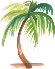 Watercolor painting of a single palm tree with a curved brown trunk and sunlit green fronds on a white background, minimalist style

