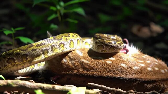 A python constricting prey on a sunlit forest floor at midday, high detail scales