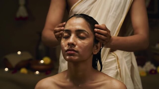 Woman getting her hair oiled in a traditional salon with Indian decor and earthy tones.