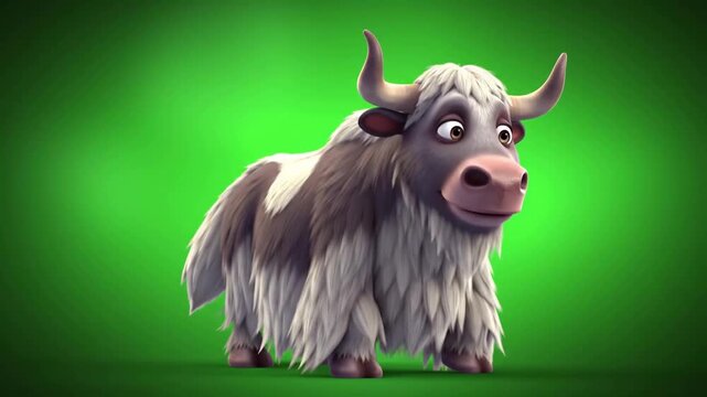 Cartoon yak character with fluffy fur and expressive eyes against a vibrant green background