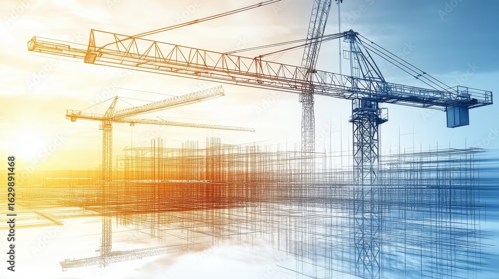 Poster urban development with cranes a vision of future infrastructure and innovative architecture