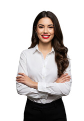 Smiling young woman in a white shirt with arms crossed isolated on transparent background
