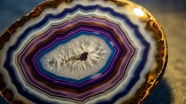 Closeup of a sliced agate geode showing concentric bands of color