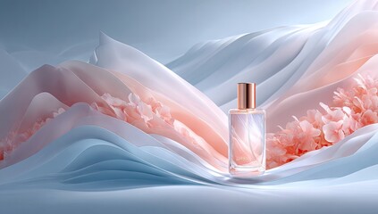 Delicate perfume bottle nestled amidst flowing pastel fabrics and floral accents