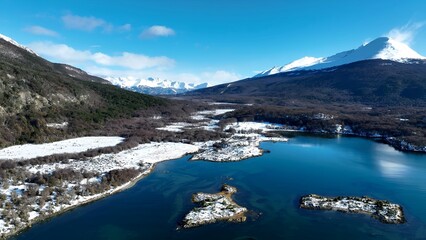 Lapataia Bay In Ushuaia Fin Del Mundo Argentina. Tropical River With A Scenic Forest Trees Viewed...