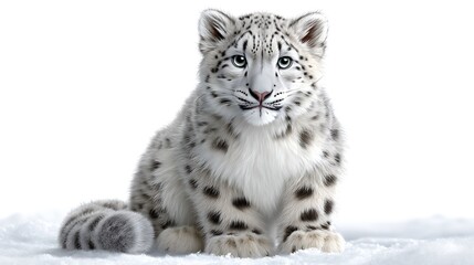 Naklejka premium Adorable Snow Leopard Cub with Sitting in Snow, and Isolated on White Background.