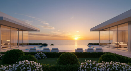 Obraz premium Luxury villa rental ocean view infinity pool sunset modern architecture real estate destination resort getaway