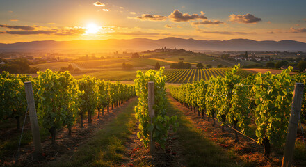 Naklejka premium Beautiful vineyard landscape at sunset with grape vines wine production and scenic view of rolling hills