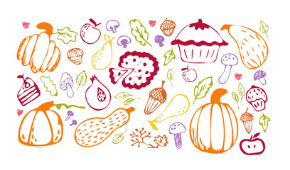 Autumn pie, minimalist hand drawn sketch vegetables. fruits, mushroom vector illustration. Healthy organic food. 
