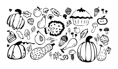 Autumn pie, minimalist hand drawn sketch vegetables. fruits, mushroom vector illustration. Healthy organic food. Monochrome.